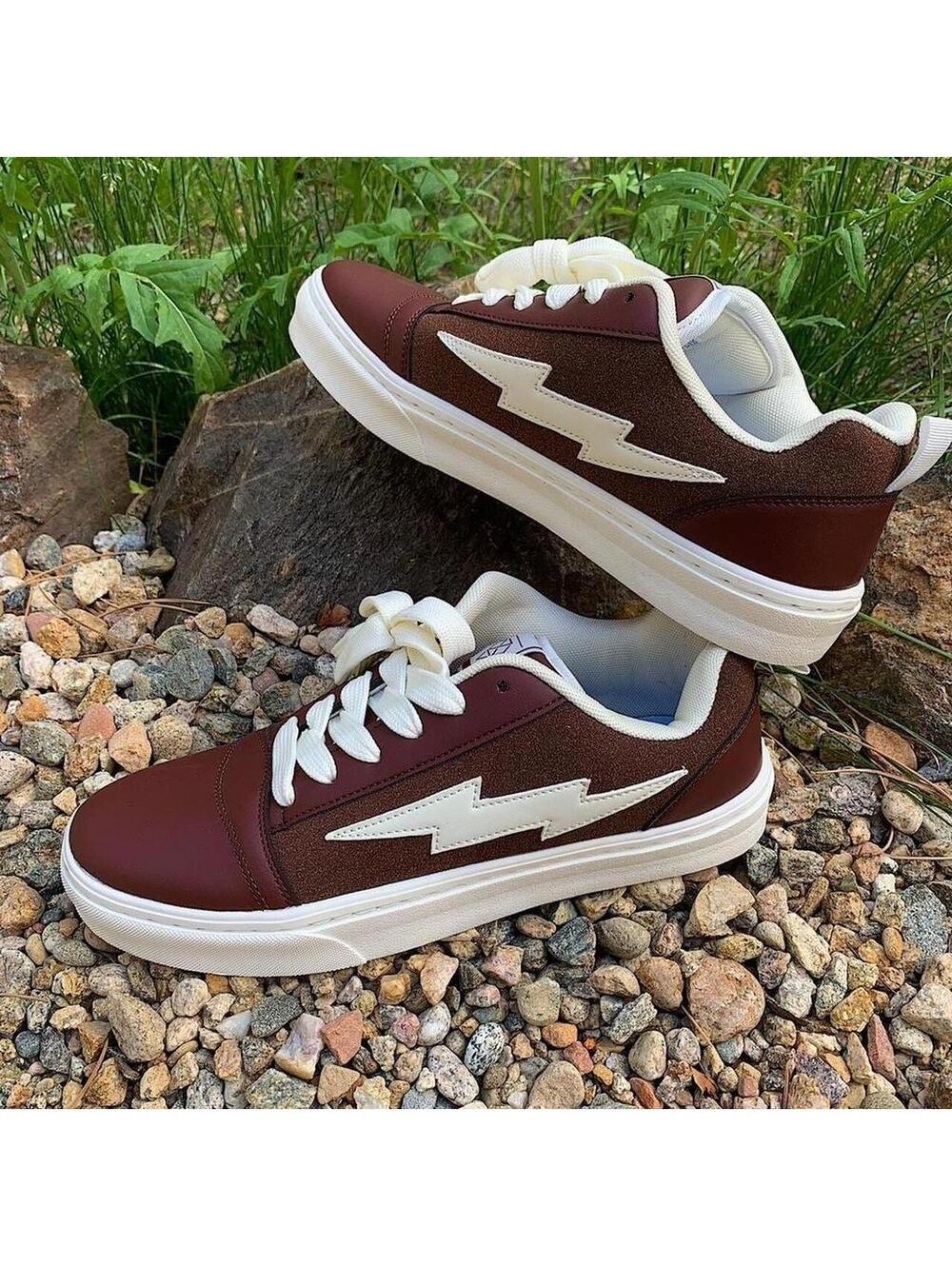 Y2k style Skater Streetwear Brown with White lightning bolt grey sneakers. Nice - Picture 5 of 8